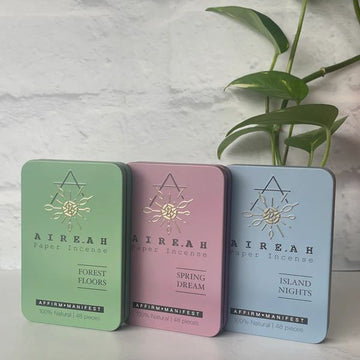 Paper Incense Bundle of 3 tins, each with 48 paper incense strips and unique, natural scent. Elevate meditation and intention-setting rituals. Clean burn, 100% natural.